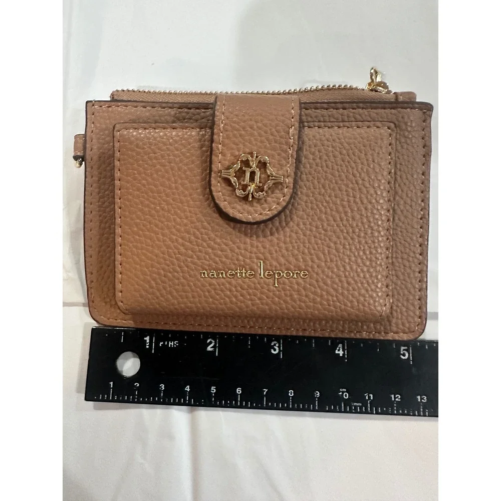 Nanette Lepore Taupe Brown Pebbled Card Case Zip Wallet with ID Window